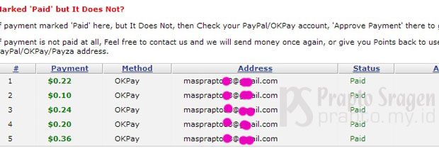 Rekapitulasi Pendapatan yang telah masuk Rekening Online OKpay