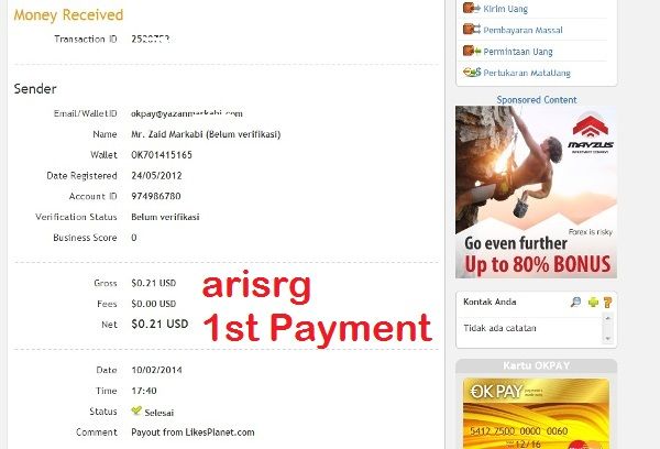 Pembayaran dari LikePlanet yang Pertama Bukti Pembayaran dari LikePlanet yang Pertama