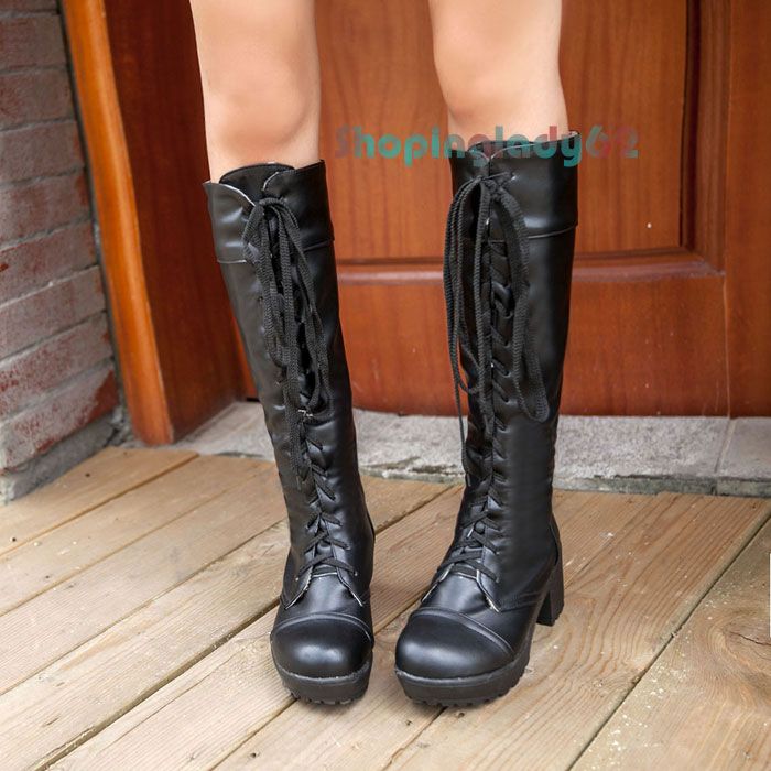 Women Tall Calf High Combat Boots Block Med Heel Lace Up Goth Punk
