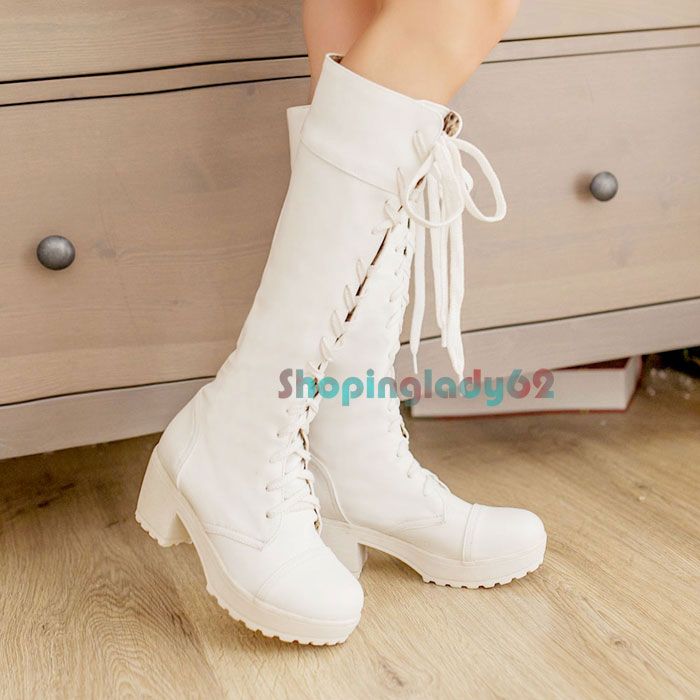 Women Tall Calf High Combat Boots Block Med Heel Lace Up Goth Punk