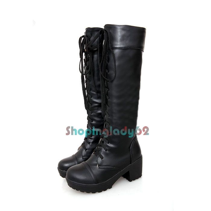 Women Tall Calf High Combat Boots Block Med Heel Lace Up Goth Punk